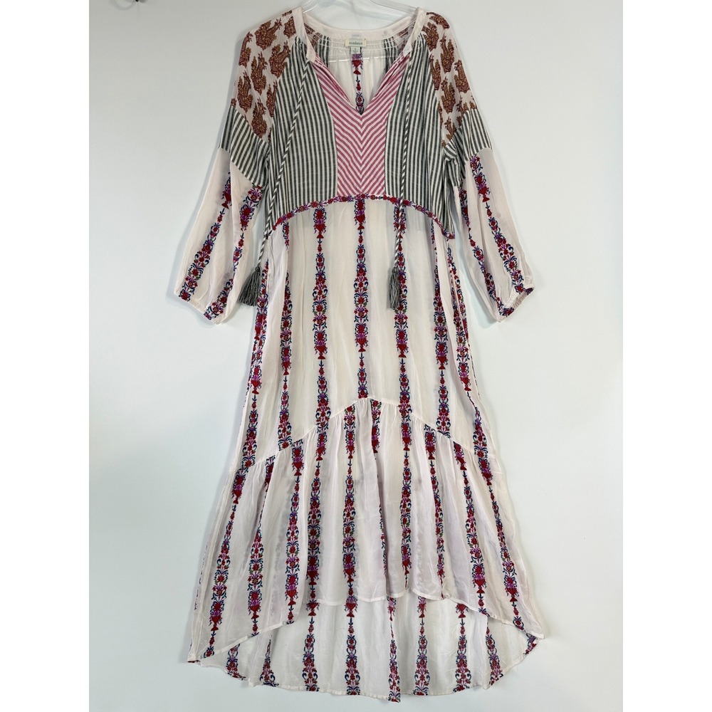 Sundance Laisella Kaftan Dress Womens S White Embroidered Tassel Ruffle Maxi